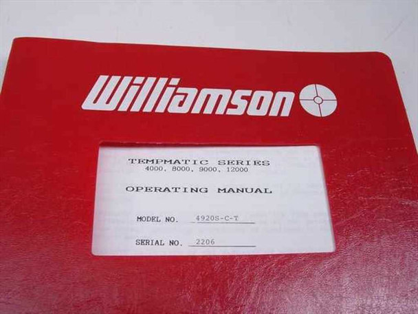 Close-up of Williamson Tempmatic Series Operating Manual cover label showing model 4920S-C-T and serial no. 2206