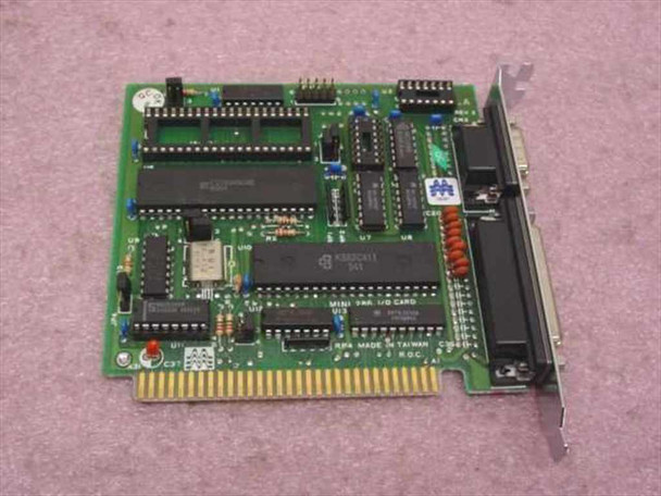 Magitronic Mini 286 ISA I/O Card – top-down PCB view showing ISA edge connector, ICs, and bracket ports