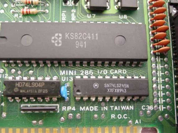Magitronic Mini 286 I/O Card – close-up of PCB showing KS82C411 controller chip, SN74LS245N, HD74LS04P, and 'MADE IN TAIWAN R.O.C.' marking
