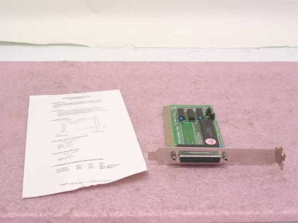 Magitronic A-B109 ISA dual parallel printer card shown beside its user's manual on pink anti-static foam