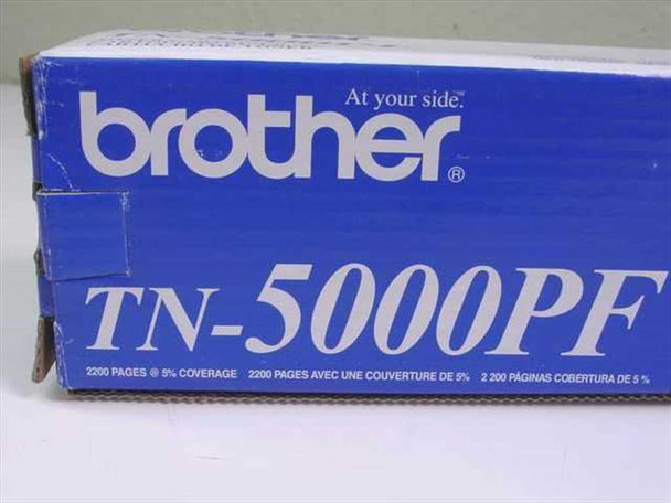 Brother TN-5000PF toner cartridge box end panel showing 2200 pages at 5% coverage yield specification