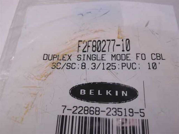 Belkin F2F80277-10 label showing Duplex Single Mode FO CBL SC/SC 8.3/125 PVC 10ft and barcode 7-22868-23519-5