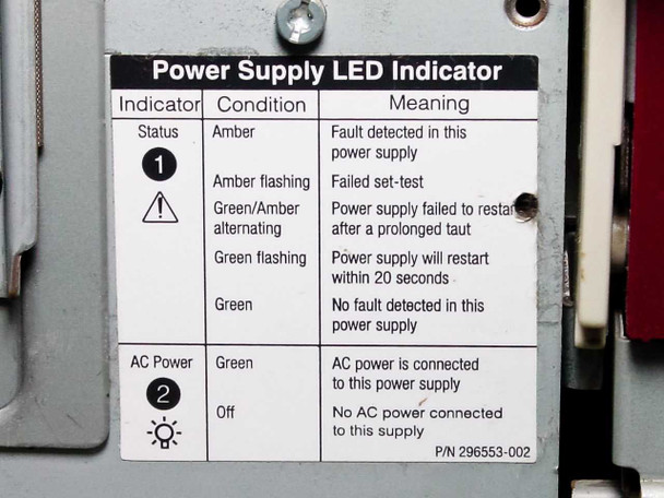 Compaq ProLiant 6000 power supply LED indicator label showing fault and AC power status indicators, P/N 296553-002