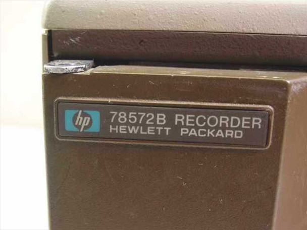 HP 78572B Recorder – front nameplate closeup reading '78572B RECORDER HEWLETT PACKARD' with HP logo
