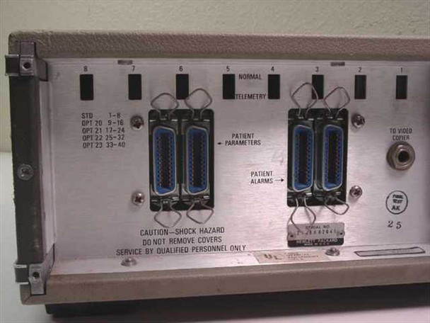HP 78221-OPT 12 controller — rear panel detail showing slot numbering 1-8 (STD/OPT), Patient Parameters and Patient Alarms D-sub connectors, To Video Copier port, and Caution Shock Hazard label