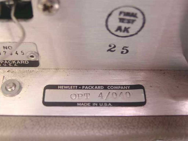 HP 78221-OPT 12 controller — chassis label closeup showing Hewlett-Packard Company OPT 4/040 Made in USA sticker, Final Test AK stamp, and partial serial number label