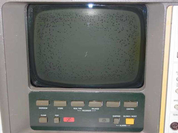 HP 78534A Monitor Terminal – close-up of CRT screen and front-panel control buttons including Overview, Store, Real Time, Delayed Recorder, Clear, Test, Suspend, and Silence/Reset