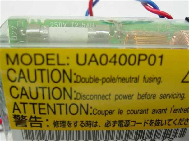 Gateway 2000 UA0400P01 close-up of yellow product label showing model number, 250V T2.54H fuse rating, double-pole neutral fusing caution, and multilingual safety warnings