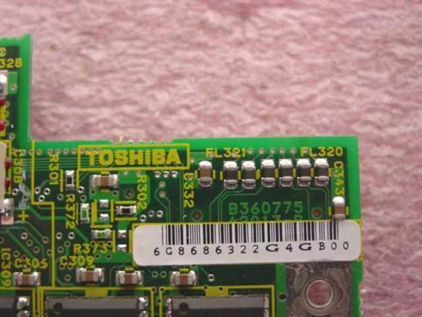 Toshiba B360775 VGA card – close-up of Toshiba logo, part number label, and barcode on PCB