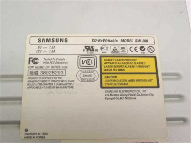 Samsung SW-208 CD-RW drive — bottom label showing model number, 5V/12V power ratings, FCC markings, and Made in Korea text