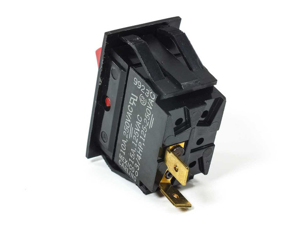 Carling TIGAS1 red rocker switch angled rear view showing two gold blade terminals and rating label
