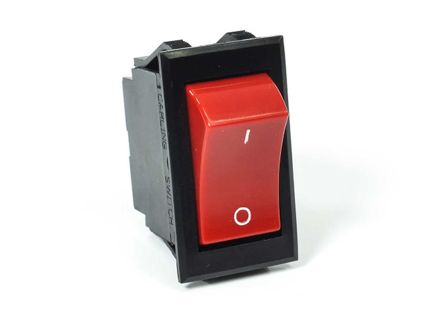 Carling TIGAS1-6S-RD-NBL-XWG1 red rocker switch front view showing red rocker with I and O markings in black housing