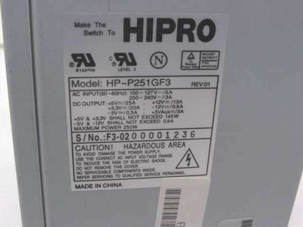 Hipro HP-P251GF3 rating plate showing model number, REV:01, AC input and DC output specifications, serial number, and Made in China label