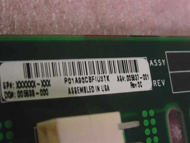 Compaq PO1A90CBF1USTK backplane label close-up showing part number P01A90CBF1U3TK, ASH 005637-001, Rev 0C, DG 005638-000, Assembled in USA