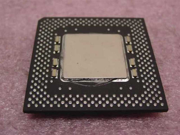 Intel Pentium MMX SL23W — bottom view showing Socket 7 gold pin array and ceramic package underside