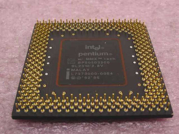 Intel Pentium MMX BP80503200 SL23W 200MHz Socket 7 CPU — top die view showing Intel logo, MMX branding, part number, and gold pins