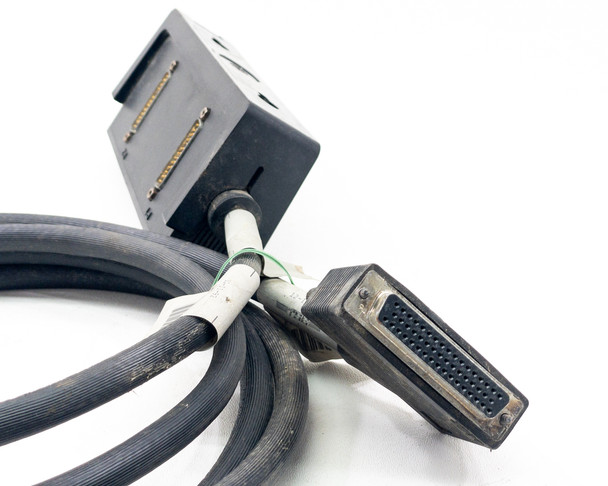 IBM 21F9345 9843 cable – close-up of brick module top showing high-density connector and DB25 female connector on cable end