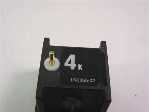 Abbott 1365-02 K+ Electrode — top-down close-up of module showing gold contact pin protruding from white insulator, '4K' and 'LN1365-02' printed on housing