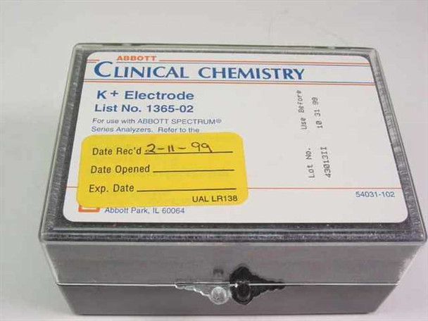 Abbott Clinical Chemistry 1365-02 K+ Electrode original storage box label — shows List No. 1365-02, Use Before date 10/31/99, Lot No. 43B1311, Abbott Park IL 60064