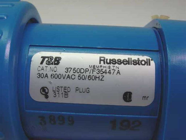 Russellstoll 3750DP F35447A label closeup showing Cat. No., 30A 600VAC 50/60Hz rating and UL Listed 311B marking