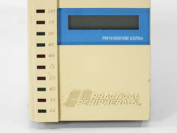 Practical Peripherals PM14400FXSA modem – close-up of front panel showing LED indicators (MR, TR, RS, CS, RD, TX, RX, OH, AA, SD) and PM14400FXSA V.32bis label