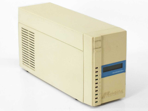 Practical Peripherals PM14400FXSA V.32bis external modem – front left three-quarter view showing beige desktop enclosure and blue LCD/display strip