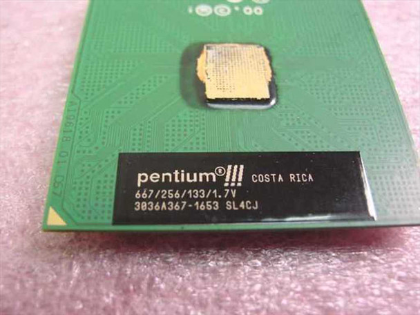 Intel Pentium III SL4CJ CPU label closeup – shows 667/256/133/1.7V, Costa Rica, SL4CJ S-spec, and lot code 3036A367-1653