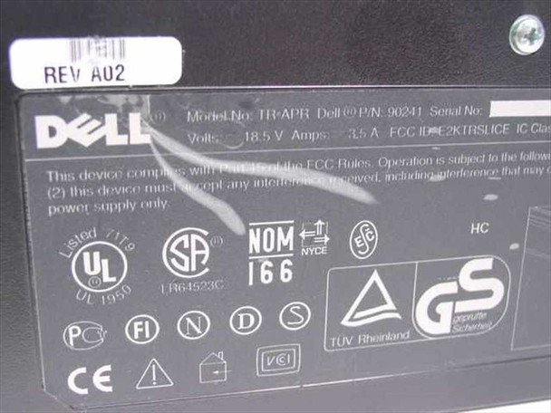 Dell TR-APR 90241 — bottom label showing Model TR-APR, P/N 90241, 18.5V 3.5A, Rev A02, FCC and safety certifications