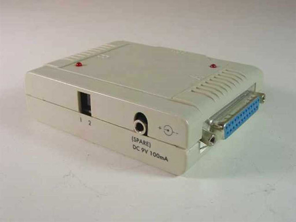 PC Concepts parallel switch — side view showing manual 2-position selector switch, optional DC 9V 100mA power jack labeled SPARE, and ventilation slots on top