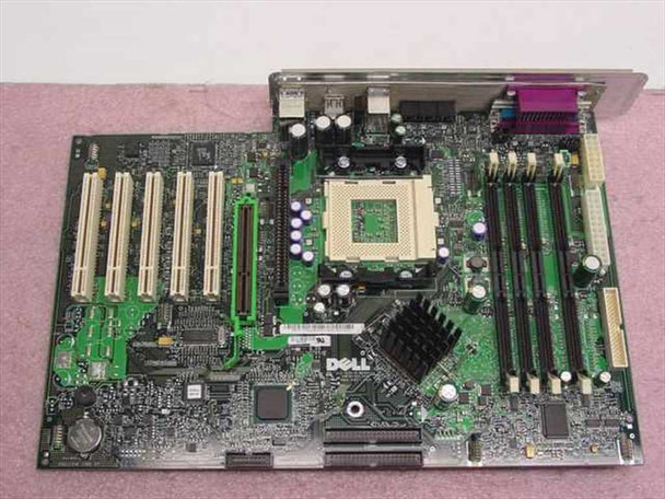 Dell MX-04H665 GX400 motherboard — angled top view showing RIMM memory slots, CPU socket area, PCI and AGP expansion slots, and Dell logo on PCB