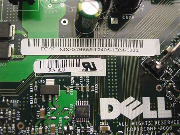 Dell MX-04H665 motherboard close-up of label showing Dell DP/N MX-04H665-12405-1BM-0332 and Rev A00 sticker with UL marking and Dell copyright 2000