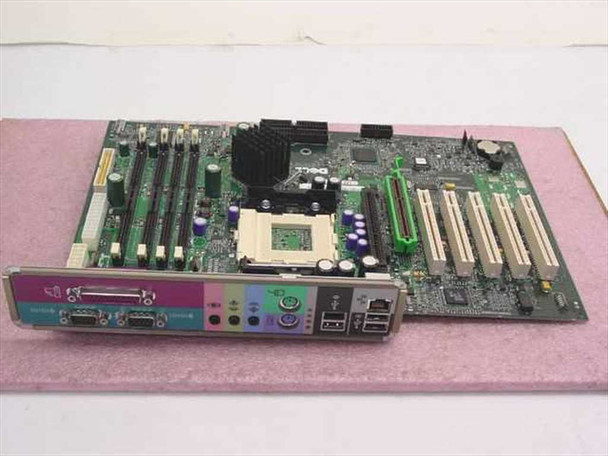 Dell MX-04H665 Socket 423 system board for OptiPlex GX400 — top view with I/O shield attached, showing PCI slots, AGP slot, and CPU socket
