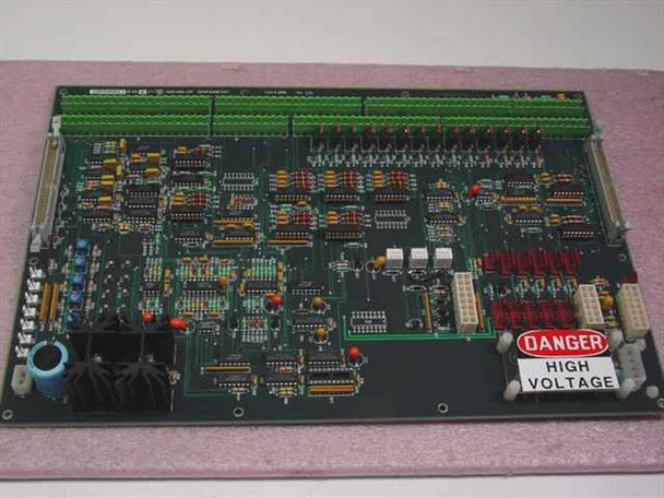 IVS Accuvision Logic Driver Board 0001-00154 — top-side view from opposite angle showing component side with ICs, capacitors, and red terminal arrays