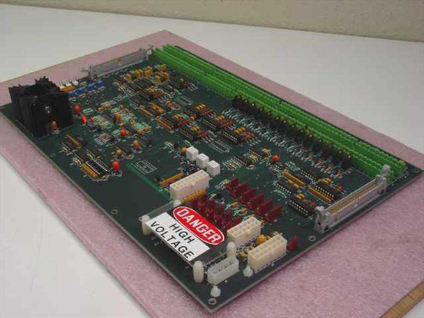 IVS Accuvision IVS 200 Logic Driver Board 0001-00154 — angled top view showing full PCB layout with green terminal blocks and Danger High Voltage label