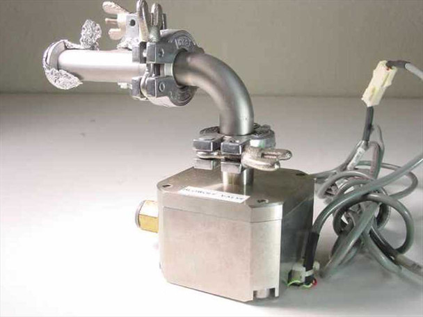 IVS Accuvision 200 blow off valve assembly — left-side view showing stepper motor, articulated valve arm, tubing, and multi-conductor cable harness