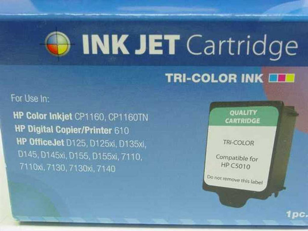 HP C5010 compatible tri-color ink cartridge box — side label showing compatible models including CP1160, OfficeJet D125 D145 D155 7110 7130 7140
