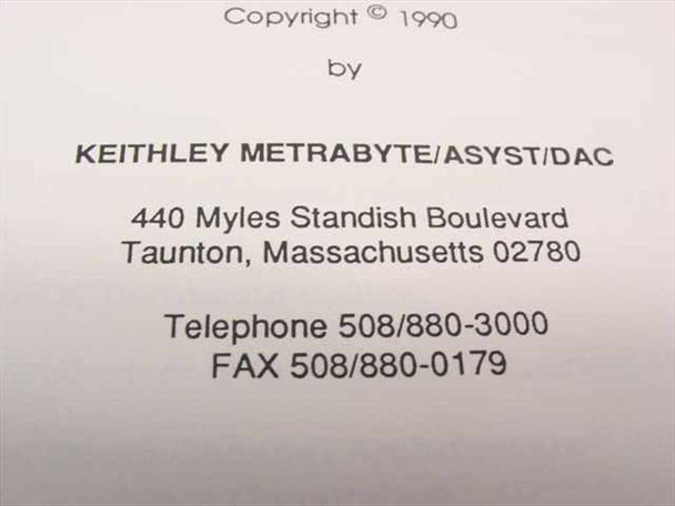 Copyright page of Keithley PCIP-AWFG manual showing Keithley Metrabyte/Asyst/DAC, Taunton Massachusetts, copyright 1990