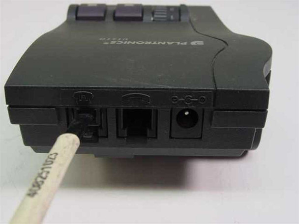 Plantronics M12 Vista amplifier side port view showing RJ-11 jack, headset port, and DC power jack