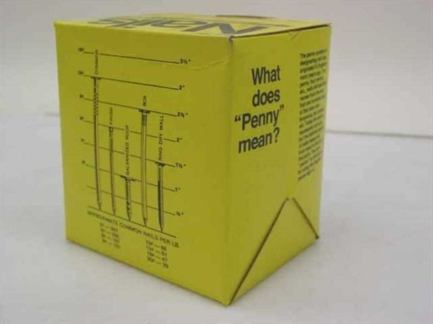 Tote Pac nails box side panel showing penny nail size chart and common nails per pound reference