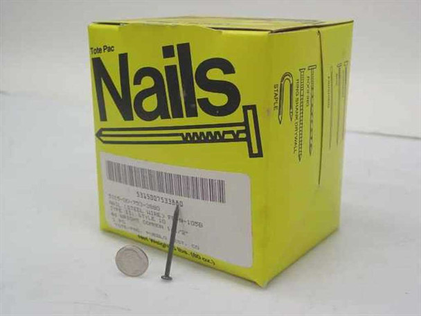 Tote Pac 4d Bright Common Nails 1-1/2 inch 5 lb box front view with single nail beside box for scale