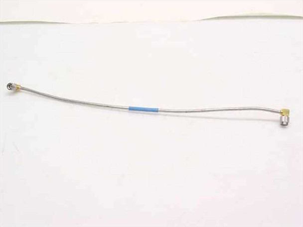 Semi-rigid coaxial cable approximately 11 inches long with right-angle SMA male connectors on both ends and a blue heat-shrink band near center