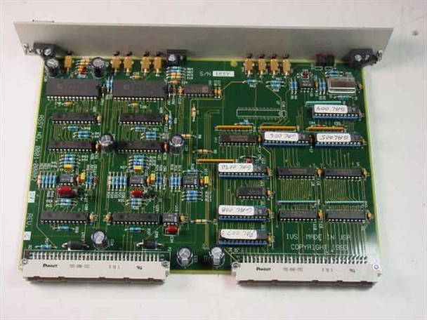 IVS Accuvision 200 SFB Board 0001-00002 — top-side view showing full PCB layout with ICs, capacitors, yellow edge connectors, and serial number label