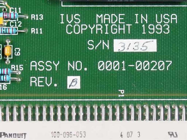 IVS 0001-00207 SFB Board – close-up of board label showing IVS Made in USA, Copyright 1993, S/N 3135, ASSY NO. 0001-00207, REV B