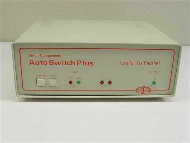Belkin Auto Switch Plus parallel to parallel printer switch — front panel showing Auto/Man select buttons, mode LEDs, and Output indicator