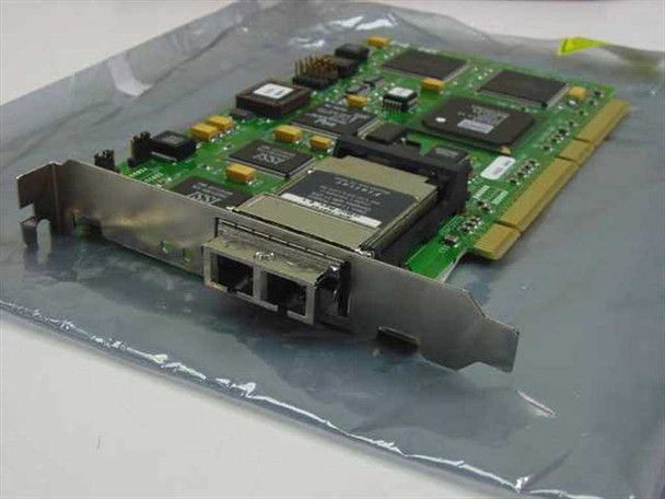 Emulex FC1020017-07B LightPulse PCI Fibre Channel HBA — front view showing dual LC/SC port bracket and green PCB in anti-static bag