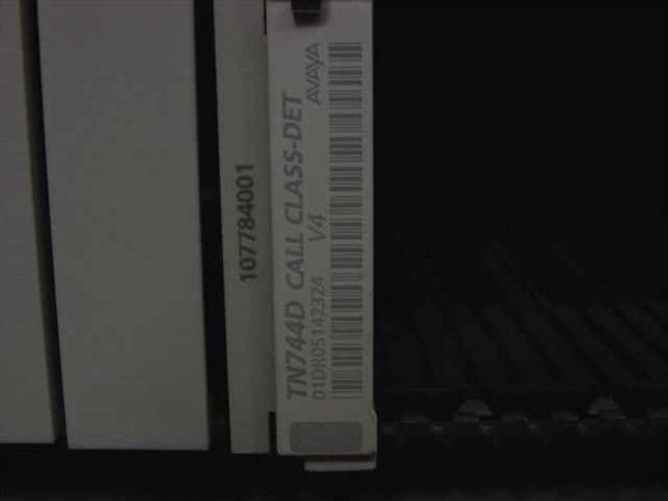 Avaya Definity TN744D Call Class-Detector card — part number 107784001, V4, installed in cabinet slot