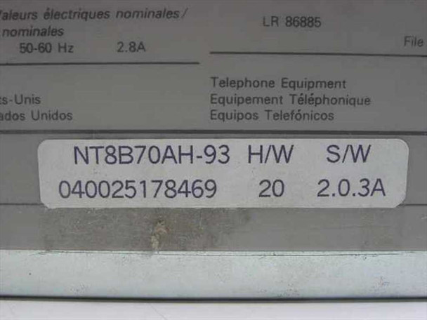 Norstar NT8B70AH-93 label closeup showing model NT8B70AH-93, H/W 20, S/W 2.0.3A, serial 040025178469, 50-60Hz 2.8A rating