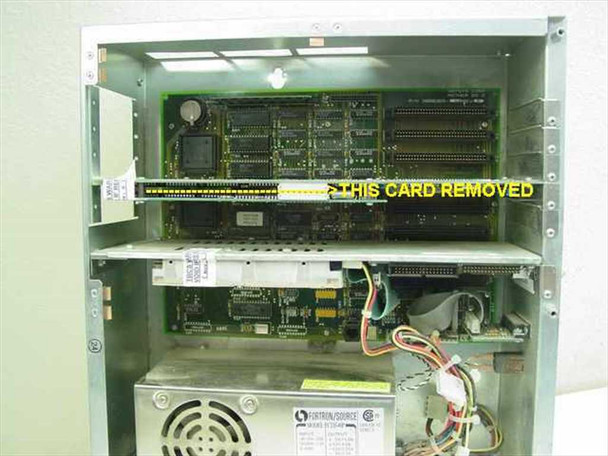 Interior chassis view of Norstar StarTalk unit showing motherboard, power supply, and card slot with yellow annotation THIS CARD REMOVED indicating removed 4-port line card