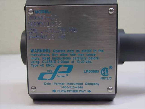 Cole-Parmer WU-33000-10 flow transmitter – bottom label showing model number, Class II 4-20mA 13-30VDC rating, Type 4X enclosure, CSA NRTL/C certification mark LR63883