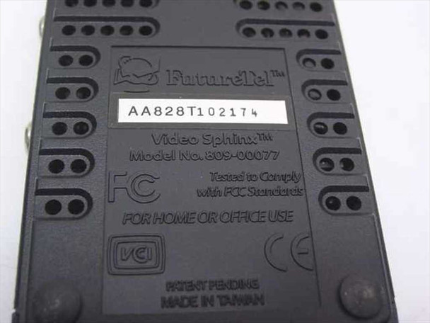 FutureTel Video Sphinx Pro bottom label showing model number 809-00077, FCC certification, and Made in Taiwan markings